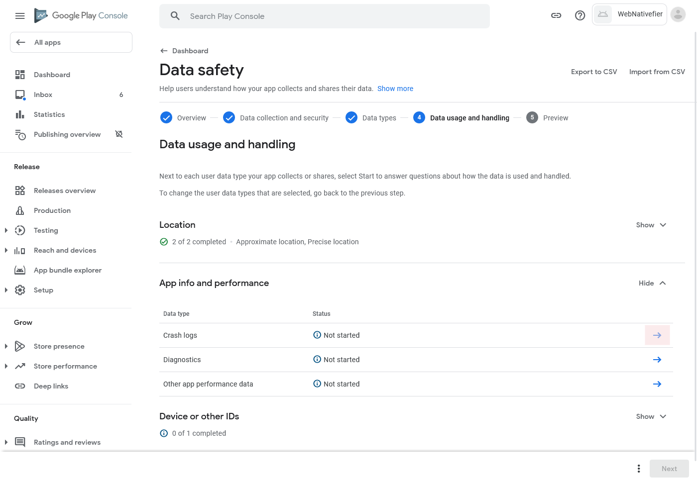 Disclose app info and performance use and handling