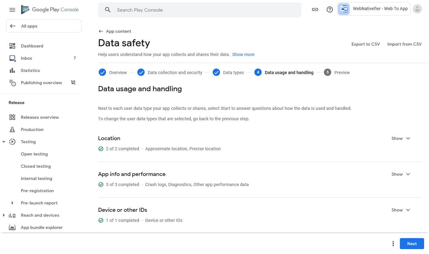 Finish data safety questionnaire