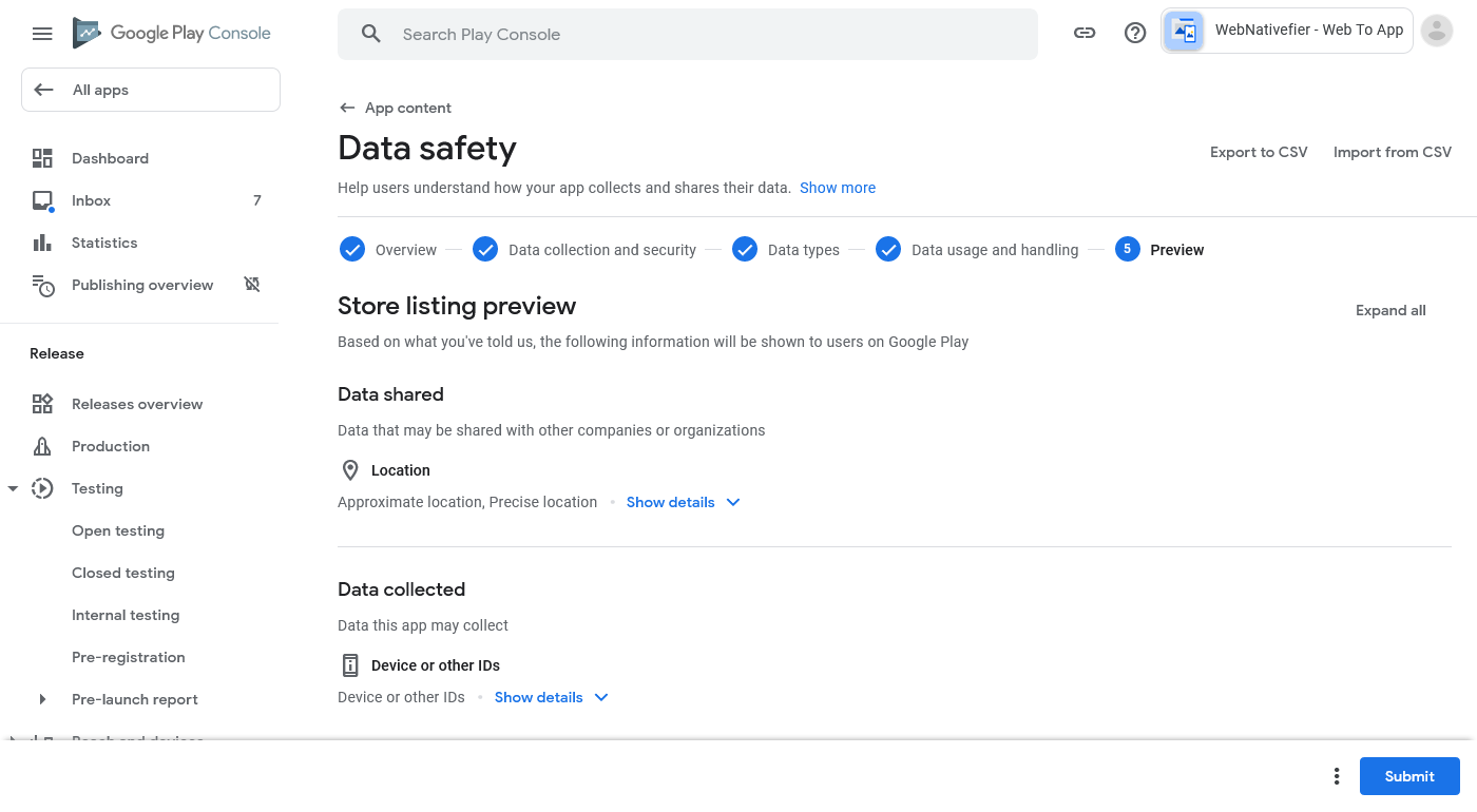 Submit data safety